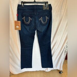 NWT True Religion Dark Wash Straight Leg Denim Jeans Bronze Eyelet Sequin Pocket